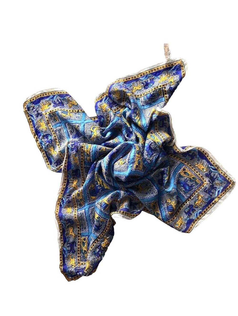 Vintage Blue/Yellow Multicolor Animal Print Scarf 100% Silk 27”x 27” Handmade